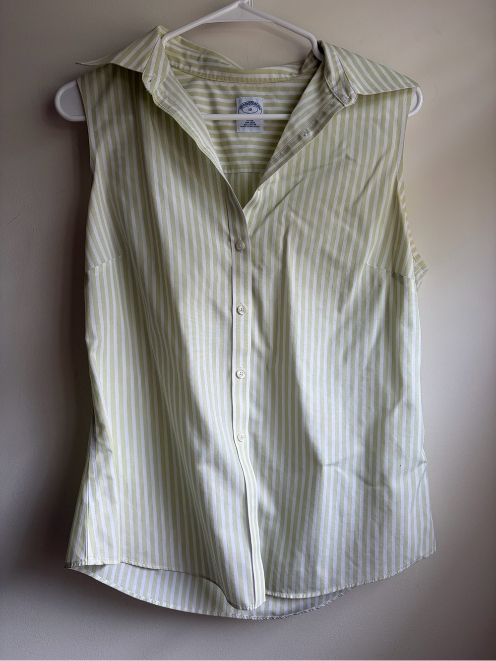 Vintage Brooks Brothers Sleeveless Button Up Shirt White Green Stripe Size 10